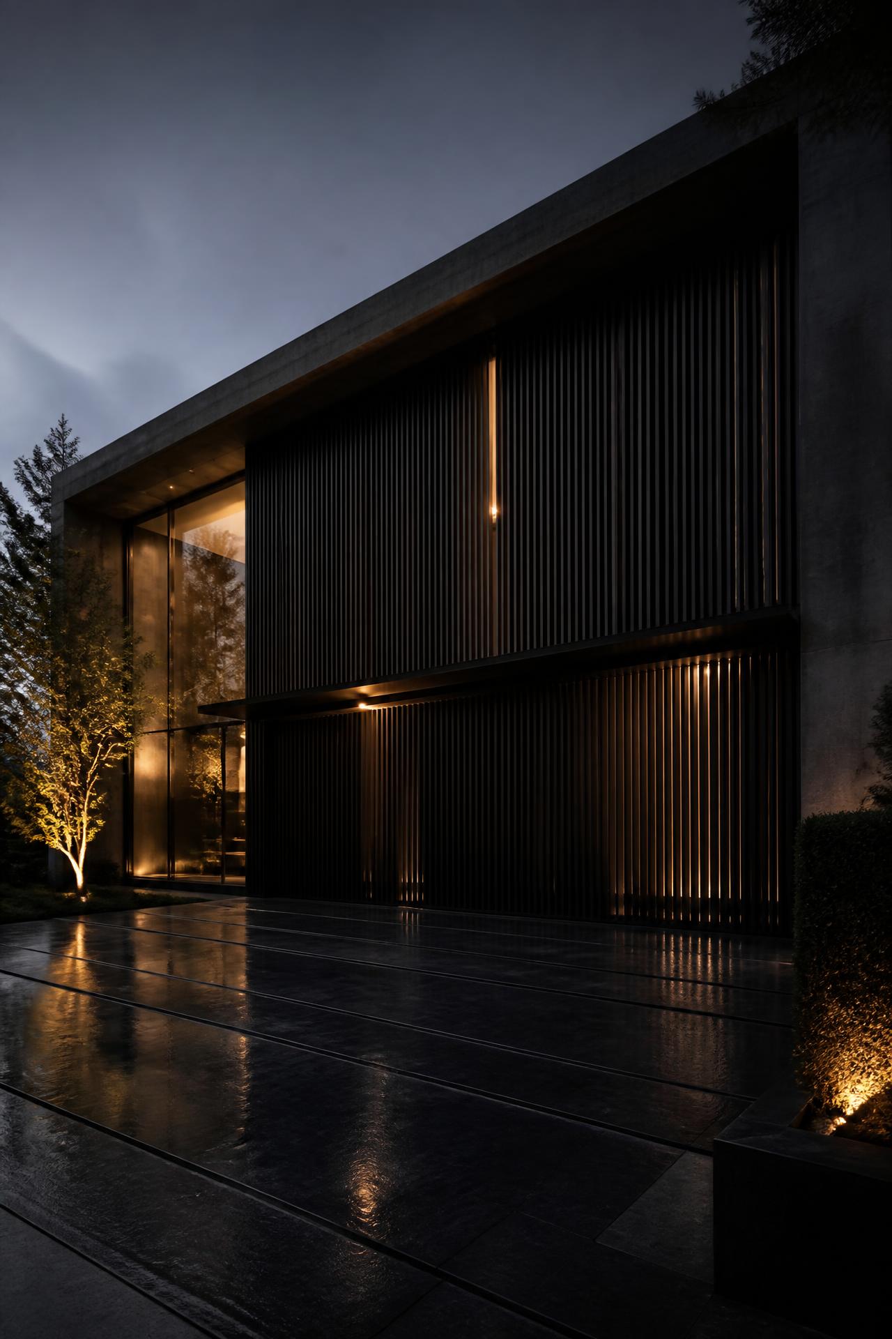 Architectural home façade at dusk with an oversized custom garage door in dark vertical aluminium slats